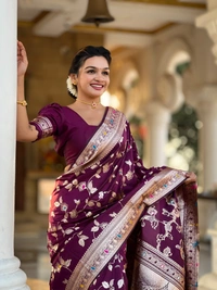 PAITHANI_HOUSE291 Luxury Banarasi Soft Silk Saree with Meenakari Weaving & Contrast Blouse - BANARASI - 5 - WINE