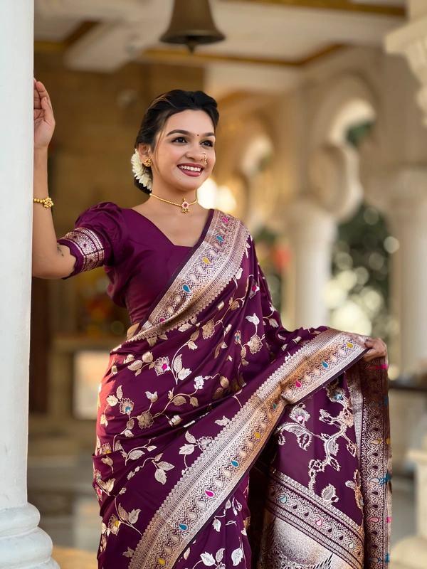 PAITHANI_HOUSE291 Luxury Banarasi Soft Silk Saree with Meenakari Weaving & Contrast Blouse - BANARASI - 5 - WINE