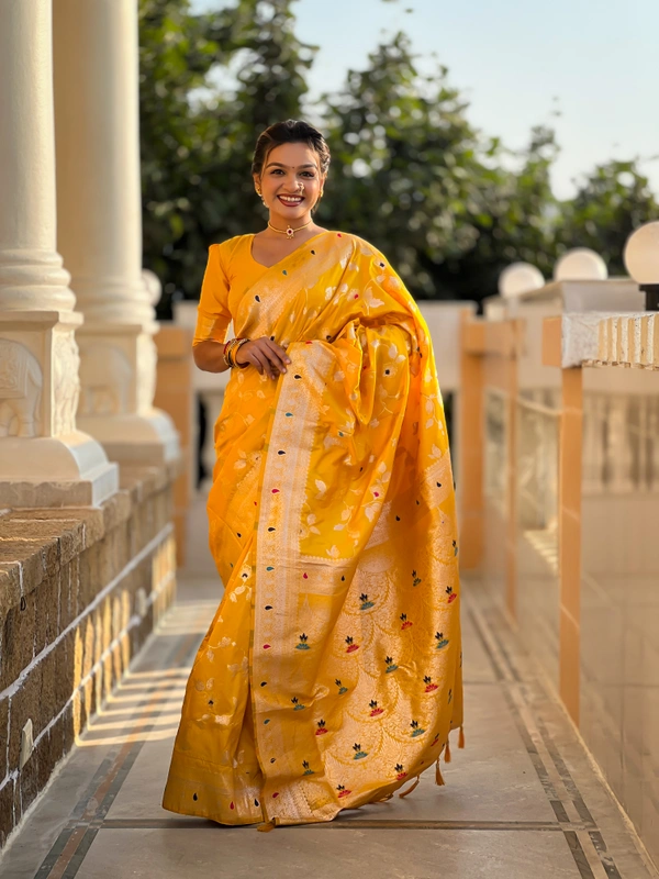 PAITHANI_HOUSE292 Luxury Banarasi Soft Silk Saree with Meenakari Weaving & Contrast Blouse - BANARASI - 5 - YELLOW
