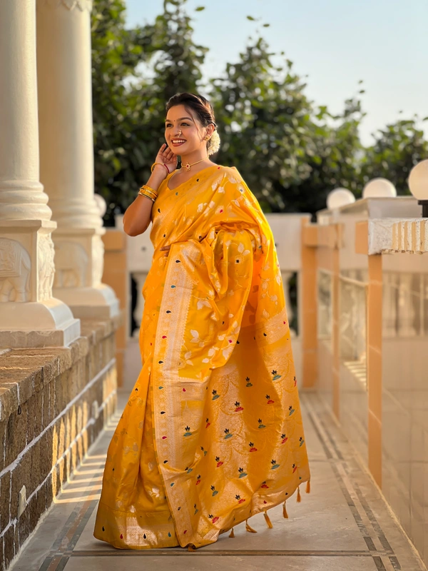 PAITHANI_HOUSE292 Luxury Banarasi Soft Silk Saree with Meenakari Weaving & Contrast Blouse - BANARASI - 5 - YELLOW