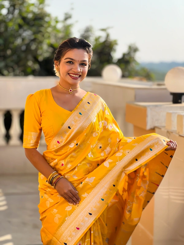 PAITHANI_HOUSE292 Luxury Banarasi Soft Silk Saree with Meenakari Weaving & Contrast Blouse - BANARASI - 5 - YELLOW