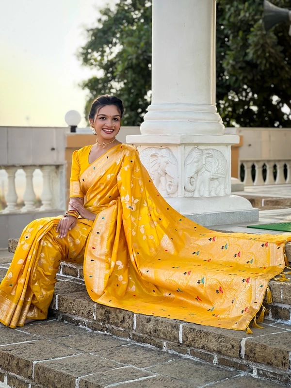 PAITHANI_HOUSE292 Luxury Banarasi Soft Silk Saree with Meenakari Weaving & Contrast Blouse - BANARASI - 5 - YELLOW