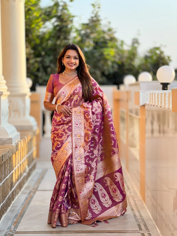 PAITHANI_HOUSE238 Luxury Banarasi Soft Silk Saree with Rich Meenakari Pallu & Weaving Borde-BANARASI - 6 - ONION