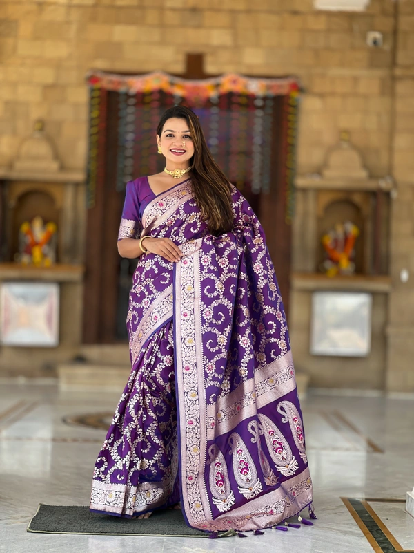 PAITHANI_HOUSE239 Luxury Banarasi Soft Silk Saree with Rich Meenakari Pallu & Weaving Borde-BANARASI - 6 - PURPLE