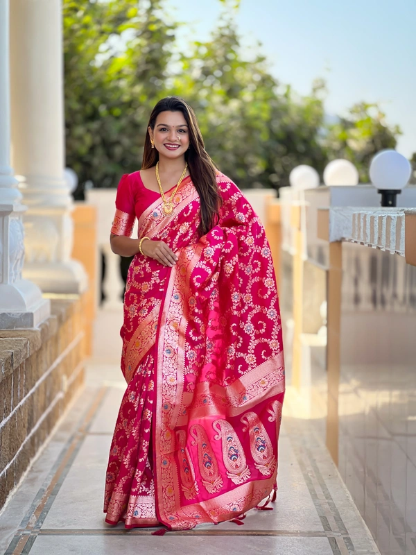 PAITHANI_HOUSE241 Luxury Banarasi Soft Silk Saree with Rich Meenakari Pallu & Weaving Borde-BANARASI - 6 - RANI PINK