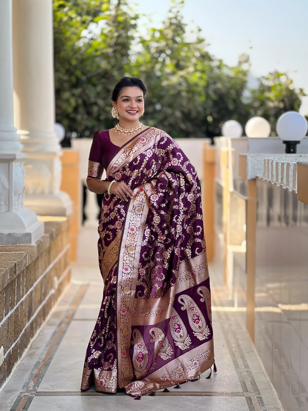 PAITHANI_HOUSE242 Luxury Banarasi Soft Silk Saree with Rich Meenakari Pallu & Weaving Borde-BANARASI - 6 - WINE