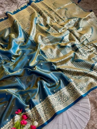 Luxury Glass Satin Silk Saree | Traditional Banarasi Weave with Lustrous Finish and Designer Pallu - FREE, Rama Blue