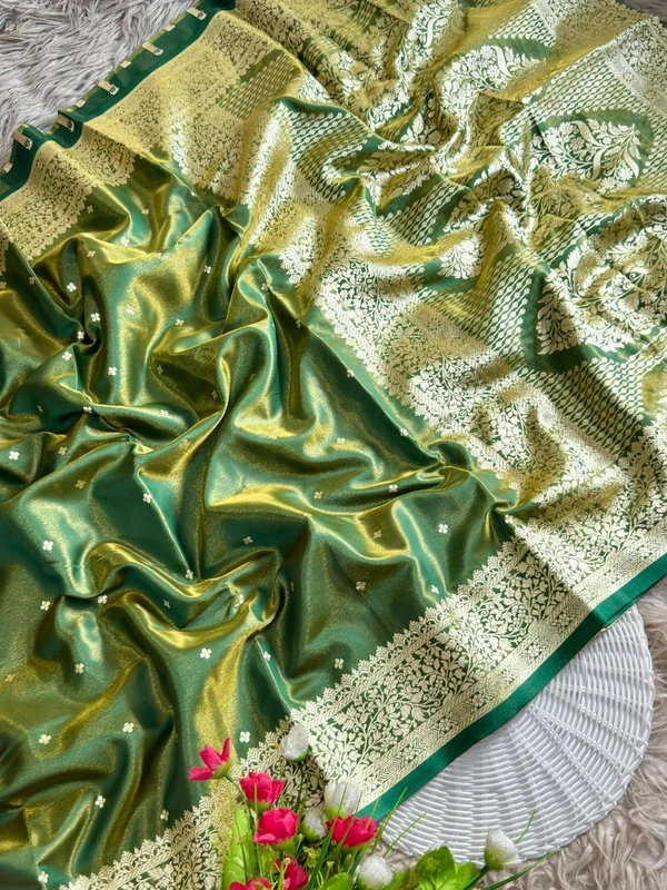 Luxury Glass Satin Silk Saree | Traditional Banarasi Weave with Lustrous Finish and Designer Pallu - FREE, Mehendi Green