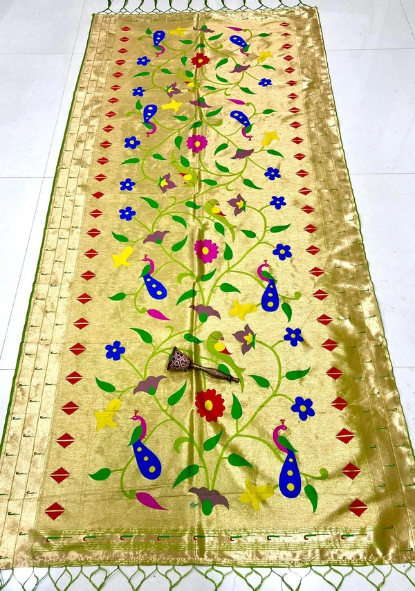 Luxury Olive Green Paithani Silk Saree with Traditional Meenakari Floral Work & Zari Border.jpeg - 2.5mt, OLIVE GREEN