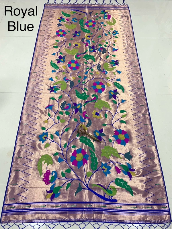 Majestic Royal Blue Soft Silk with All Over Meenakari Style Peacock Floral Motifs - 2.5mt, Royal Blue