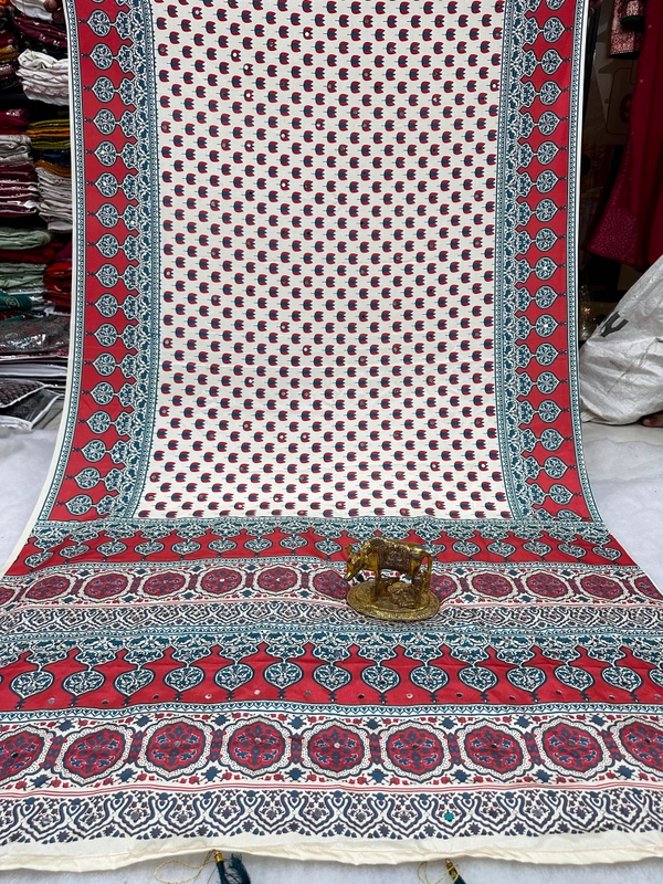 Mallika Cream and Red Fusion Ajrakh Saree with Contemporary Tulip Motifs and Ornate Teal Blue Patterned Borders - Free, Cream
