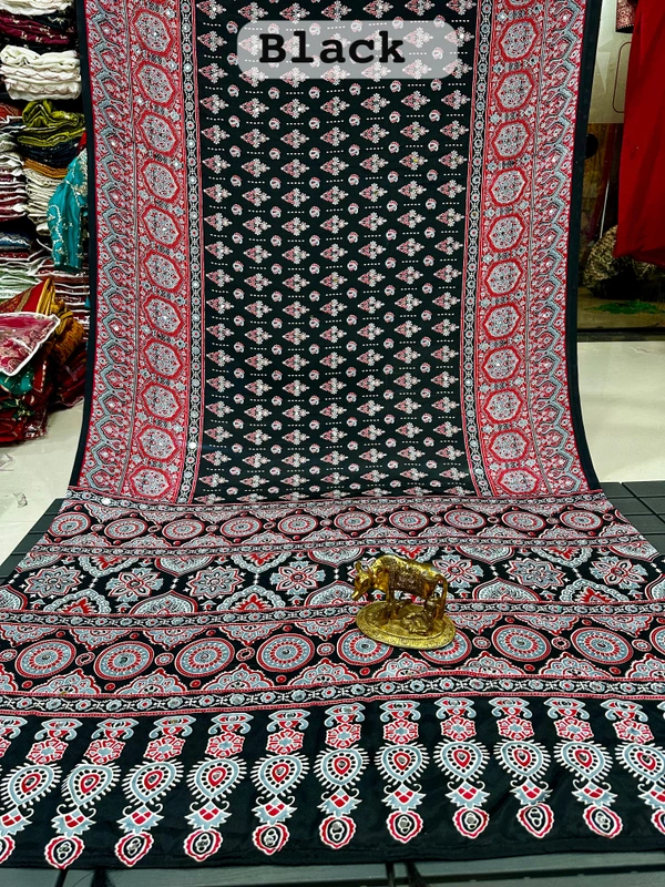 Mrignayani Jet Black Ajrakh Saree featuring Traditional Red Booti Prints and Intricate Mandala Motif Borders - Free, Black