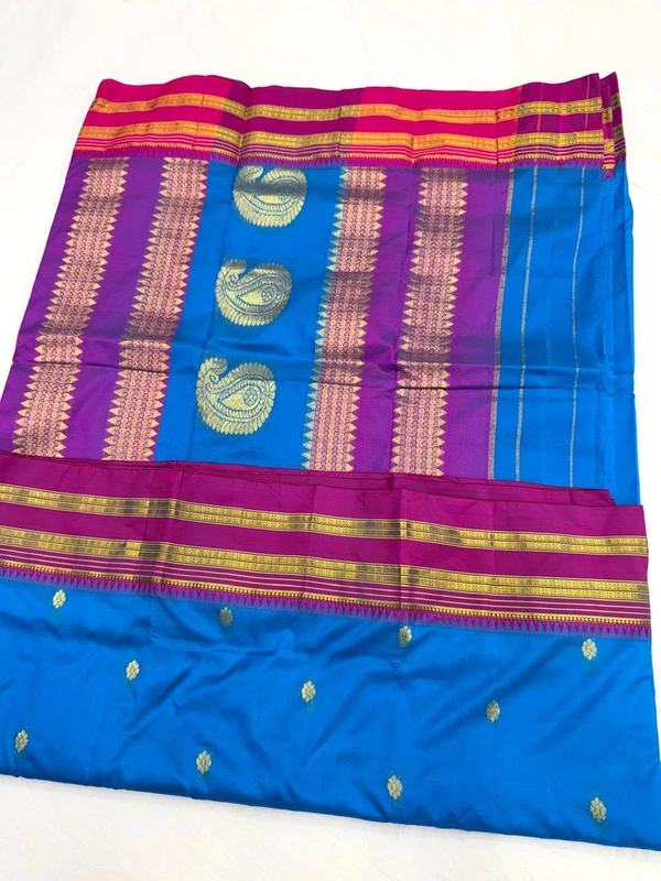 Narayanpeth Handloom Saree with Elegant Mango Motif Pallu - Free, Electric Blue