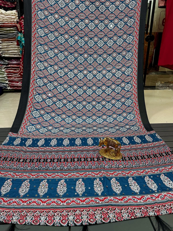 Neelkamal Indigo Blue Ajrakh Saree featuring Floral Jal Print and Premium Mirror Work Embellished Pallu - Free, Indigo Blue