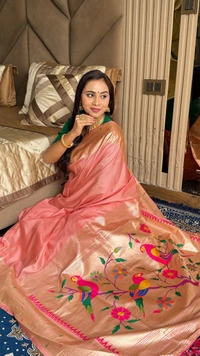 PAITHANI_HOUSE193 New Collection: Paithani Silk Saree with Triple Muniya Border and Meena Work - Coral Pink