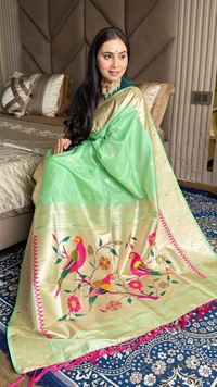 PAITHANI_HOUSE194 New Collection: Paithani Silk Saree with Triple Muniya Border and Meena Work - Light Mint Green