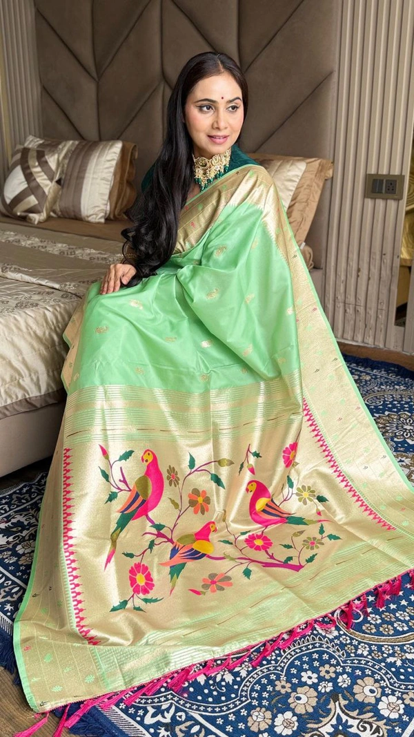 PAITHANI_HOUSE194 New Collection: Paithani Silk Saree with Triple Muniya Border and Meena Work - Light Mint Green