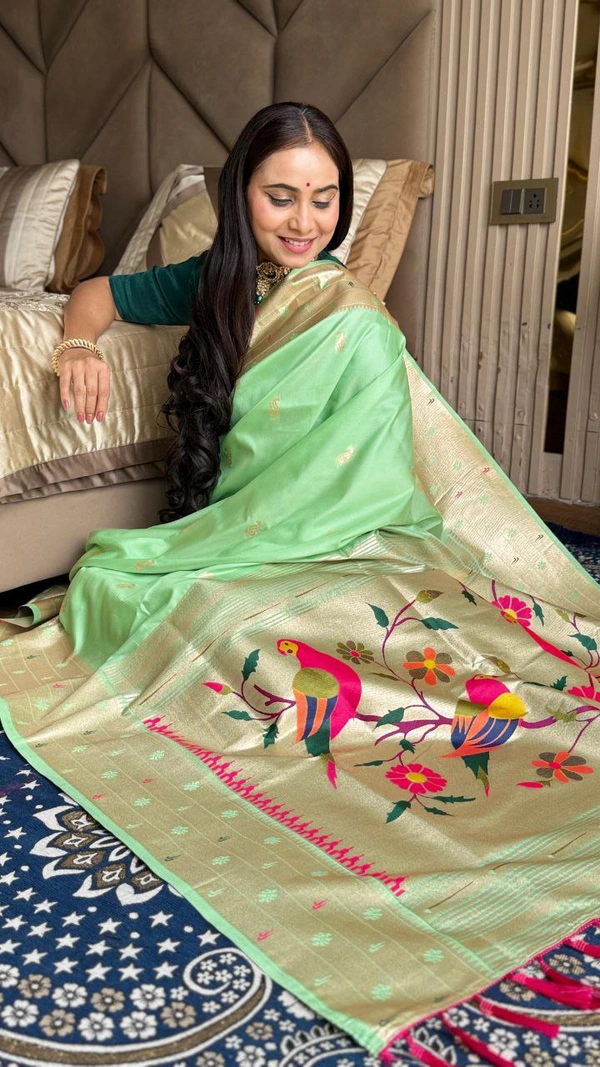 PAITHANI_HOUSE194 New Collection: Paithani Silk Saree with Triple Muniya Border and Meena Work - Light Mint Green