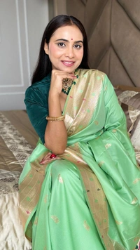PAITHANI_HOUSE194 New Collection: Paithani Silk Saree with Triple Muniya Border and Meena Work - Light Mint Green