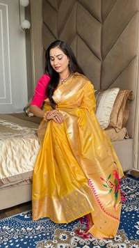 PAITHANI_HOUSE198 New Collection: Paithani Silk Saree with Triple Muniya Border and Meena Work - Bright Yellow