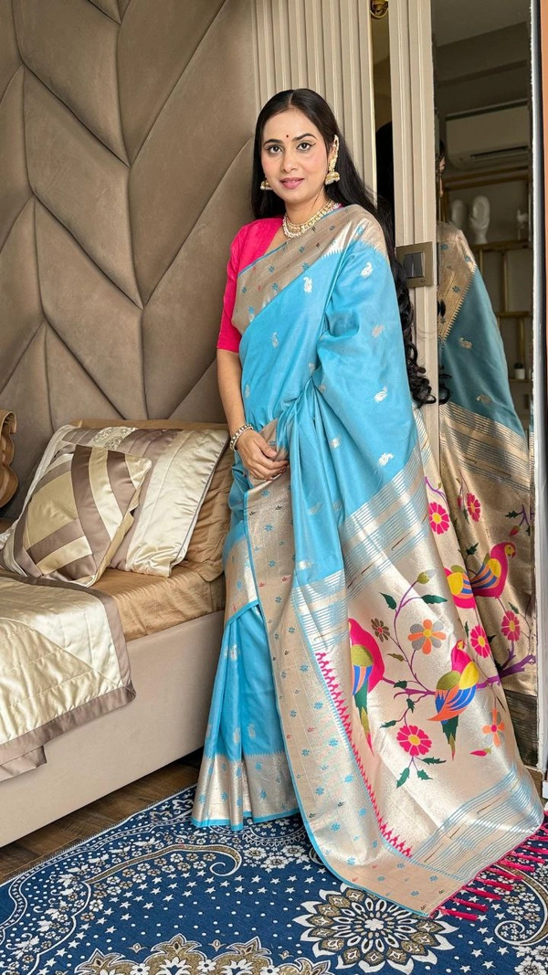 PAITHANI_HOUSE199 New Collection: Paithani Silk Saree with Triple Muniya Border and Meena Work - Sky Blue