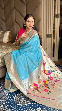 PAITHANI_HOUSE199 New Collection: Paithani Silk Saree with Triple Muniya Border and Meena Work - Sky Blue