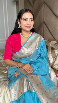 PAITHANI_HOUSE199 New Collection: Paithani Silk Saree with Triple Muniya Border and Meena Work - Sky Blue