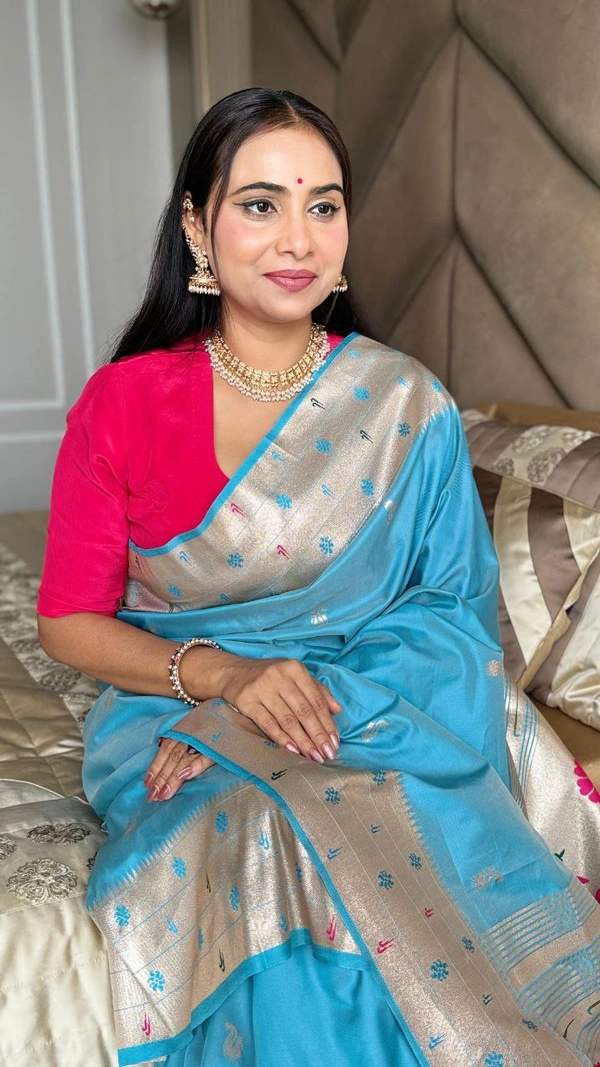 PAITHANI_HOUSE199 New Collection: Paithani Silk Saree with Triple Muniya Border and Meena Work - Sky Blue