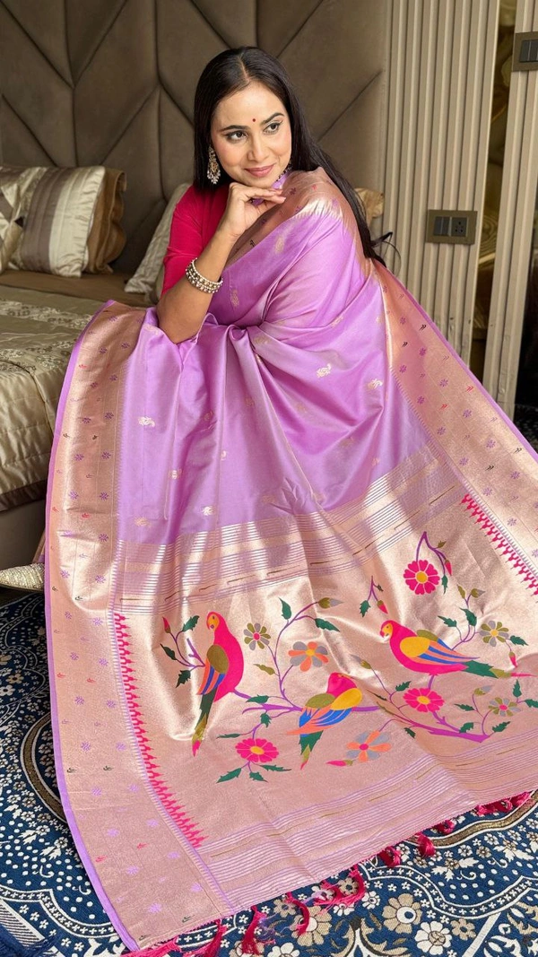 PAITHANI_HOUSE197 New Collection: Paithani Silk Saree with Triple Muniya Border and Meena Work - Lavender