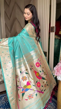 PAITHANI_HOUSE195 New Collection: Paithani Silk Saree with Triple Muniya Border and Meena Work - Aqua Blue