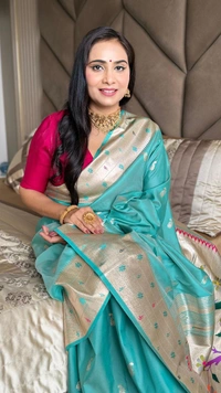 PAITHANI_HOUSE195 New Collection: Paithani Silk Saree with Triple Muniya Border and Meena Work - Aqua Blue