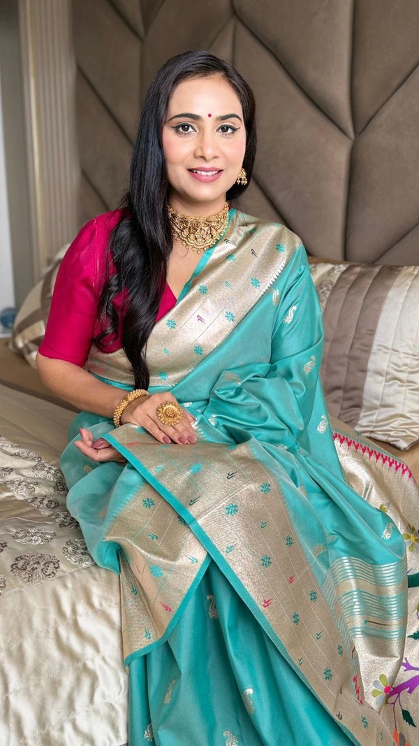 PAITHANI_HOUSE195 New Collection: Paithani Silk Saree with Triple Muniya Border and Meena Work - Aqua Blue