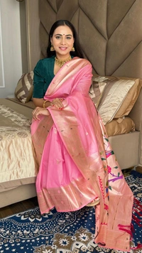 PAITHANI_HOUSE196 New Collection: Paithani Silk Saree with Triple Muniya Border and Meena Work - Light Rani Pink