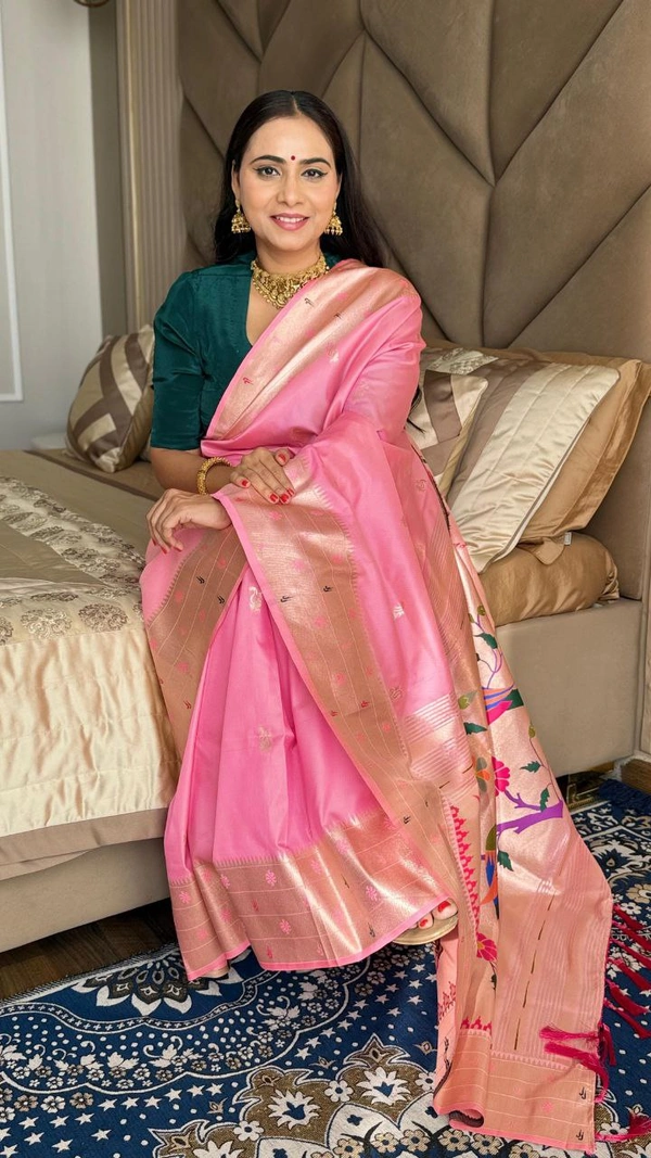 PAITHANI_HOUSE196 New Collection: Paithani Silk Saree with Triple Muniya Border and Meena Work - Light Rani Pink