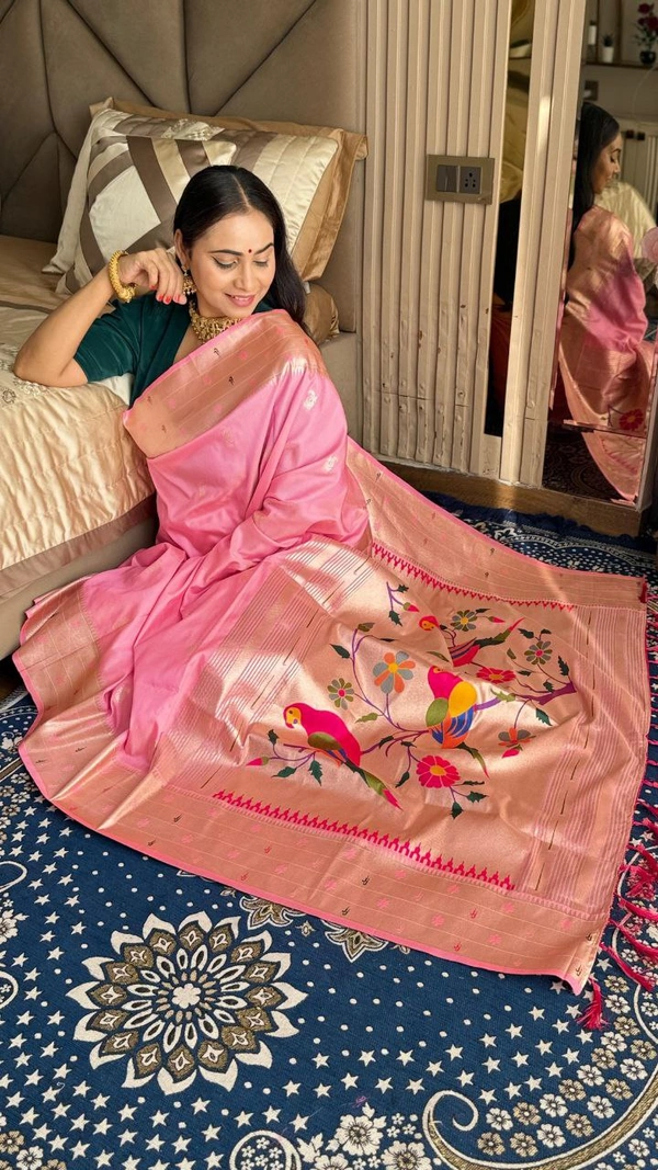 PAITHANI_HOUSE196 New Collection: Paithani Silk Saree with Triple Muniya Border and Meena Work - Light Rani Pink