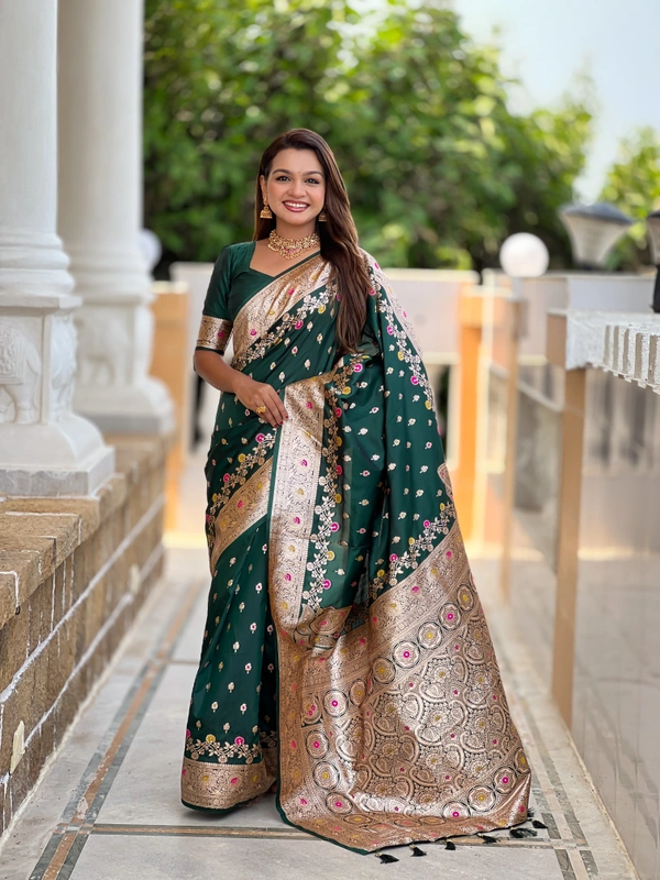 PAITHANI_HOUSE261 New Luxury Banarasi Soft Silk Saree with Rich Meenakari Pallu & Weaving Borde-BANARASI - 7 - BOTTLE GREEN