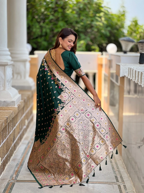 PAITHANI_HOUSE261 New Luxury Banarasi Soft Silk Saree with Rich Meenakari Pallu & Weaving Borde-BANARASI - 7 - BOTTLE GREEN