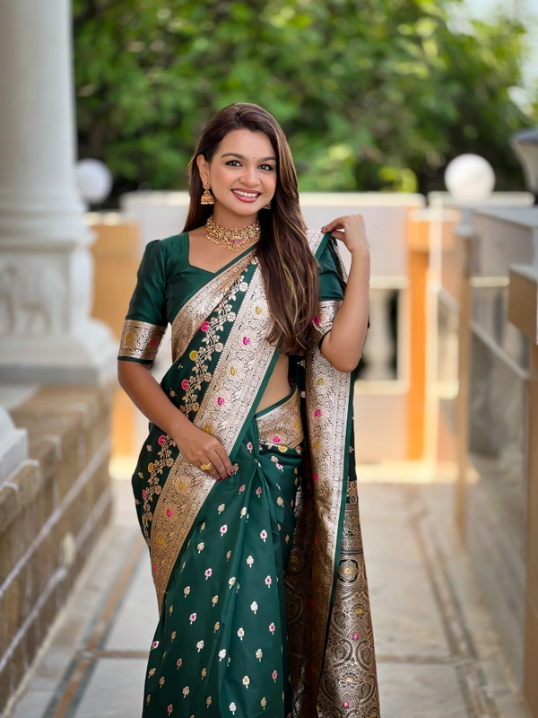 PAITHANI_HOUSE261 New Luxury Banarasi Soft Silk Saree with Rich Meenakari Pallu & Weaving Borde-BANARASI - 7 - BOTTLE GREEN