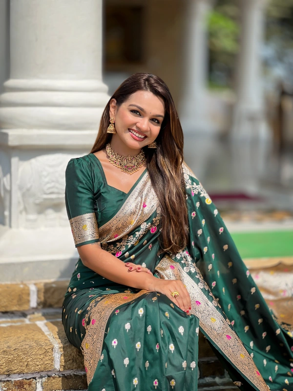 PAITHANI_HOUSE261 New Luxury Banarasi Soft Silk Saree with Rich Meenakari Pallu & Weaving Borde-BANARASI - 7 - BOTTLE GREEN