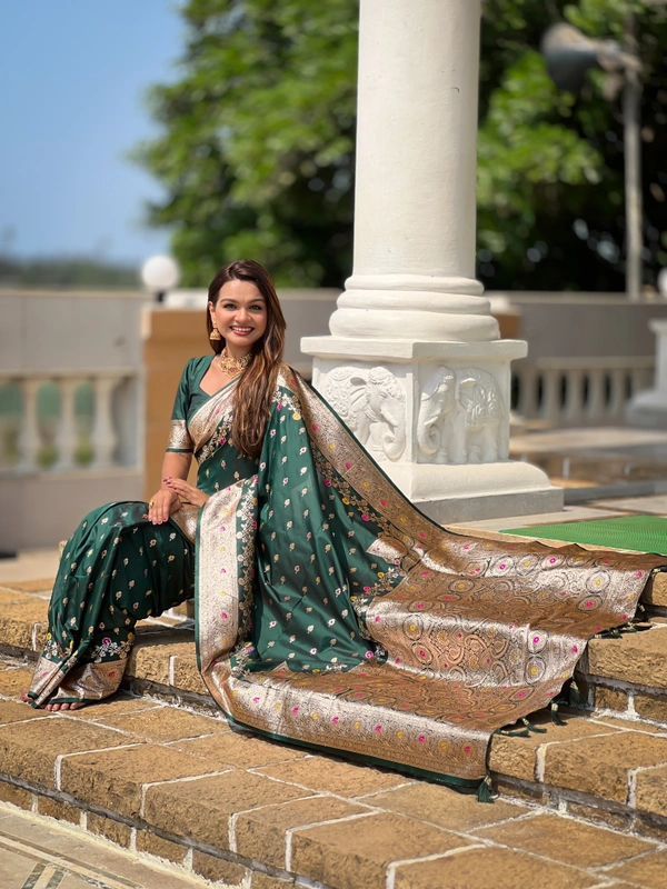 PAITHANI_HOUSE261 New Luxury Banarasi Soft Silk Saree with Rich Meenakari Pallu & Weaving Borde-BANARASI - 7 - BOTTLE GREEN