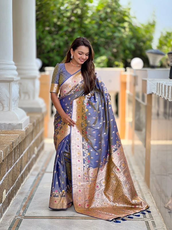 PAITHANI_HOUSE263 New Luxury Banarasi Soft Silk Saree with Rich Meenakari Pallu & Weaving Borde-BANARASI - 7 - GREY