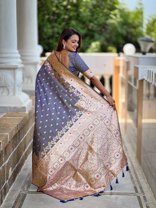 PAITHANI_HOUSE263 New Luxury Banarasi Soft Silk Saree with Rich Meenakari Pallu & Weaving Borde-BANARASI - 7 - GREY