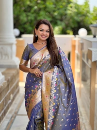 PAITHANI_HOUSE263 New Luxury Banarasi Soft Silk Saree with Rich Meenakari Pallu & Weaving Borde-BANARASI - 7 - GREY