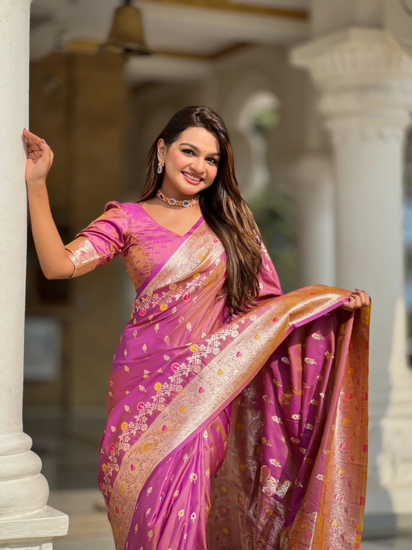 PAITHANI_HOUSE265 New Luxury Banarasi Soft Silk Saree with Rich Meenakari Pallu & Weaving Borde-BANARASI - 7 - ONION