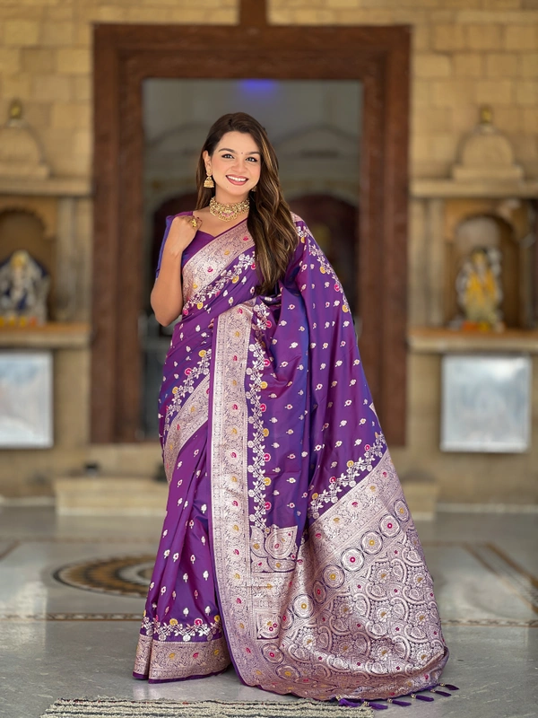 PAITHANI_HOUSE266 New Luxury Banarasi Soft Silk Saree with Rich Meenakari Pallu & Weaving Borde-BANARASI - 7 - PURPLE
