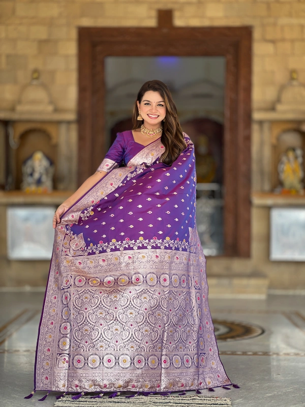 PAITHANI_HOUSE266 New Luxury Banarasi Soft Silk Saree with Rich Meenakari Pallu & Weaving Borde-BANARASI - 7 - PURPLE