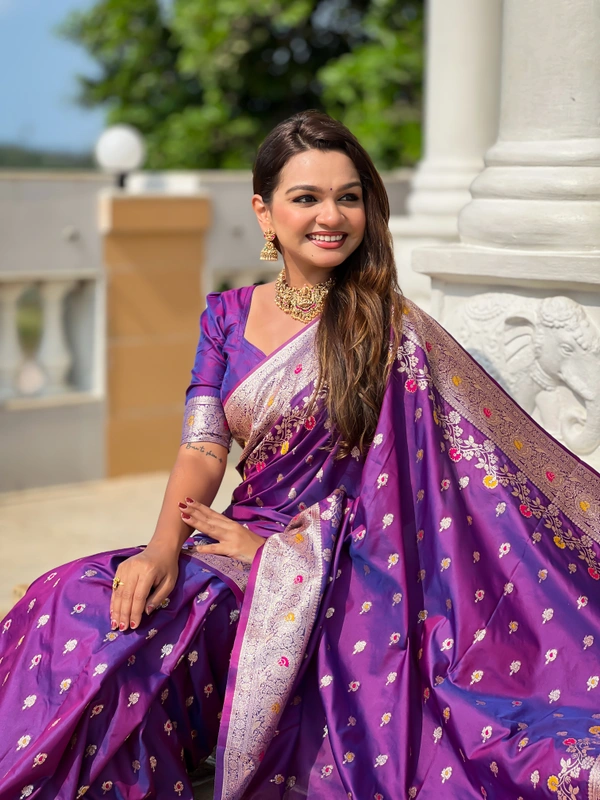 PAITHANI_HOUSE266 New Luxury Banarasi Soft Silk Saree with Rich Meenakari Pallu & Weaving Borde-BANARASI - 7 - PURPLE
