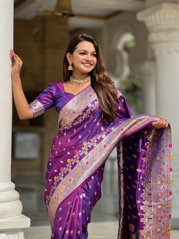 PAITHANI_HOUSE266 New Luxury Banarasi Soft Silk Saree with Rich Meenakari Pallu & Weaving Borde-BANARASI - 7 - PURPLE