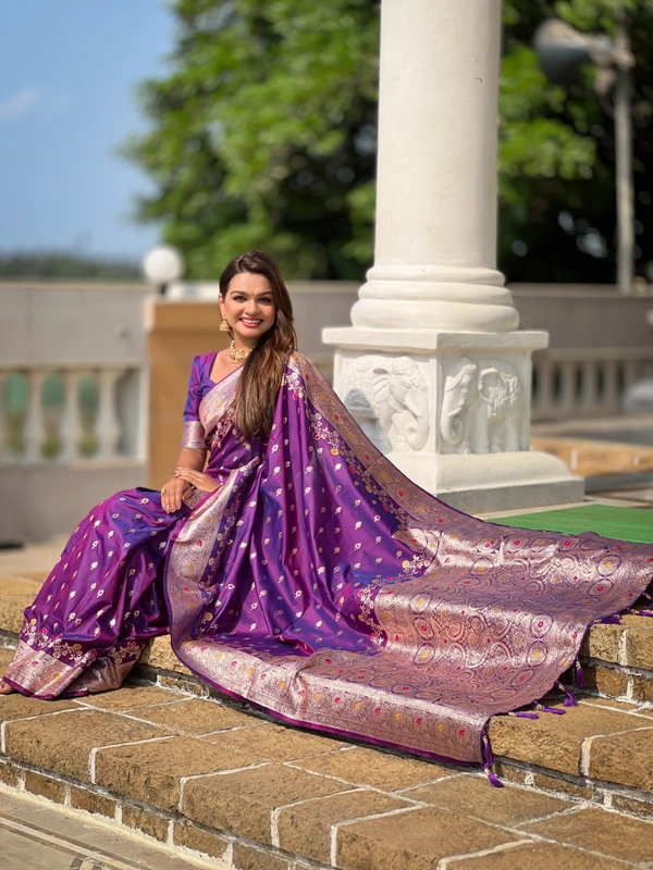 PAITHANI_HOUSE266 New Luxury Banarasi Soft Silk Saree with Rich Meenakari Pallu & Weaving Borde-BANARASI - 7 - PURPLE
