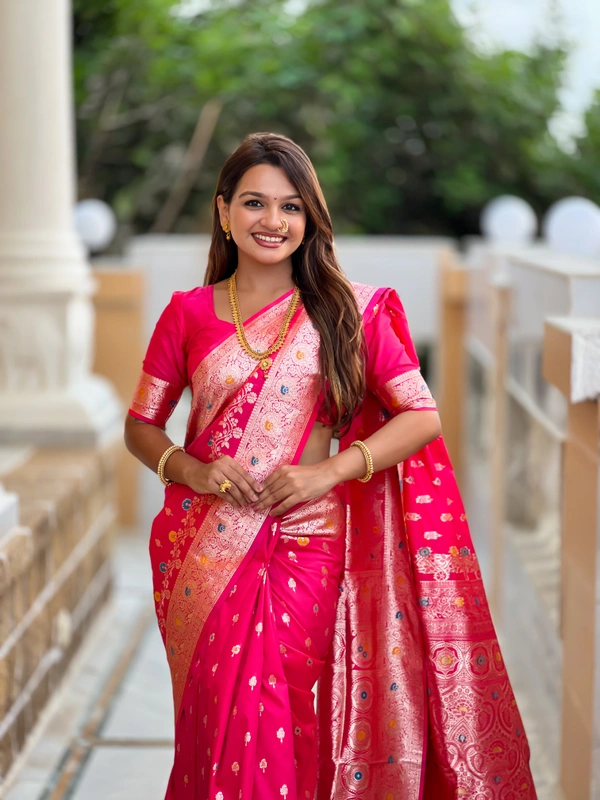 PAITHANI_HOUSE267 New Luxury Banarasi Soft Silk Saree with Rich Meenakari Pallu & Weaving Borde-BANARASI - 7 - RANI PINK